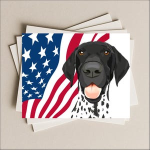 USA flag GSP German Shorthaired Pointer black dog blank greeting card for birthday, thank you, party invitation, gift card or notecard