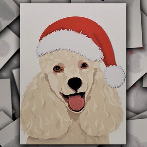 White Poodle Santa card, White Poodle Christmas card, White Poodle dog gift card, Poodle puppy holiday greeting card