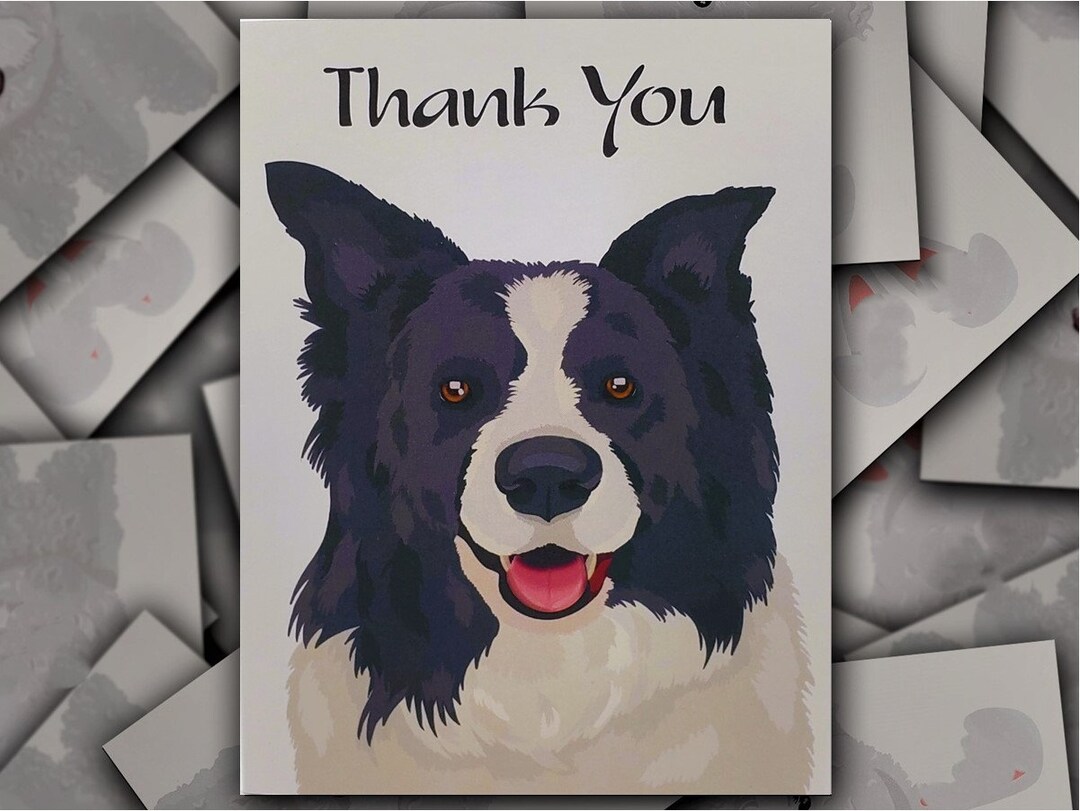Border Collie Dog In Field Modern Colour Pencil Portrait Illustration Art Birthday Greeting Card Plus Envelope Blank Inside