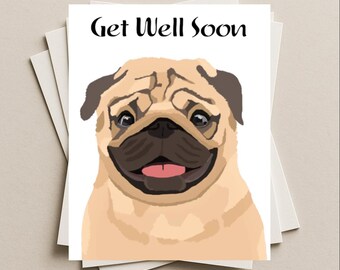 Tarjeta de felicitación para una pronta recuperación con un carlino, tarjeta de regalo para un carlino, tarjeta de felicitación en blanco para una pronta recuperación con un cachorro de carlino
