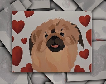 Pekingese Love Valentine Anniversary card, tan and black Pekingese dog gift card, Peke puppy dog blank greeting card with red hearts