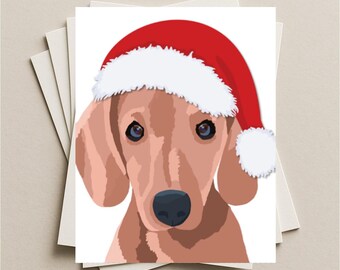 Dachshund Santa card, Doxie Dachshund Christmas card, tan Dachshund hot dog gift card, Wiener puppy holiday greeting card