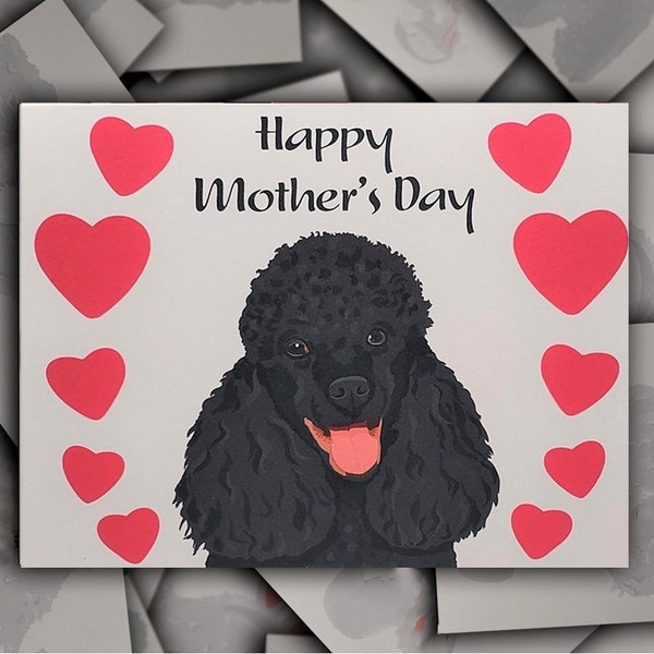 Black Poodle Mother's Day card, Single card, Black Poodle dog gift card, Black Poodle puppy pink hearts blank greeting card for Mom Mum