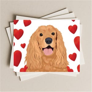 Cocker Spaniel Love Valentine Anniversary card, golden Cocker Spaniel dog gift card, puppy dog blank greeting card with red hearts