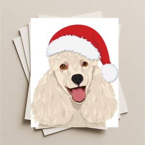 White Poodle Santa card, White Poodle Christmas card, White Poodle dog gift card, Poodle puppy holiday greeting card