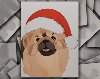 Pekingese Santa card, fawn and black Pekingese Christmas card, dog gift card, Peke puppy dog blank holiday greeting card