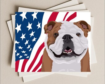 Tarjeta de felicitación en blanco con diseño de bulldog inglés con bandera de EE. UU. para cumpleaños, agradecimiento, invitación a fiesta, tarjeta de regalo o tarjeta de notas para cualquier ocasión.