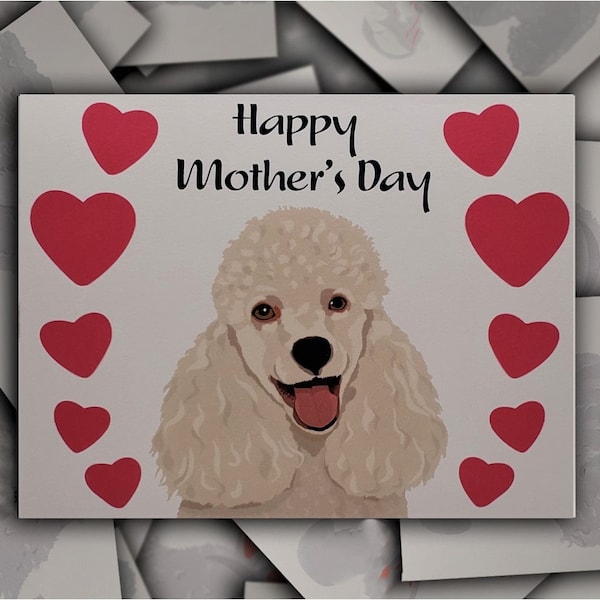 White Poodle Mother's Day card, Single card, White Poodle dog gift card, White Poodle puppy pink hearts blank greeting card for Mom Mum