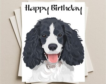 Tarjeta de cumpleaños de perro Springer Spaniel negro, tarjeta de felicitación en blanco, nota o tarjeta de regalo con sobre