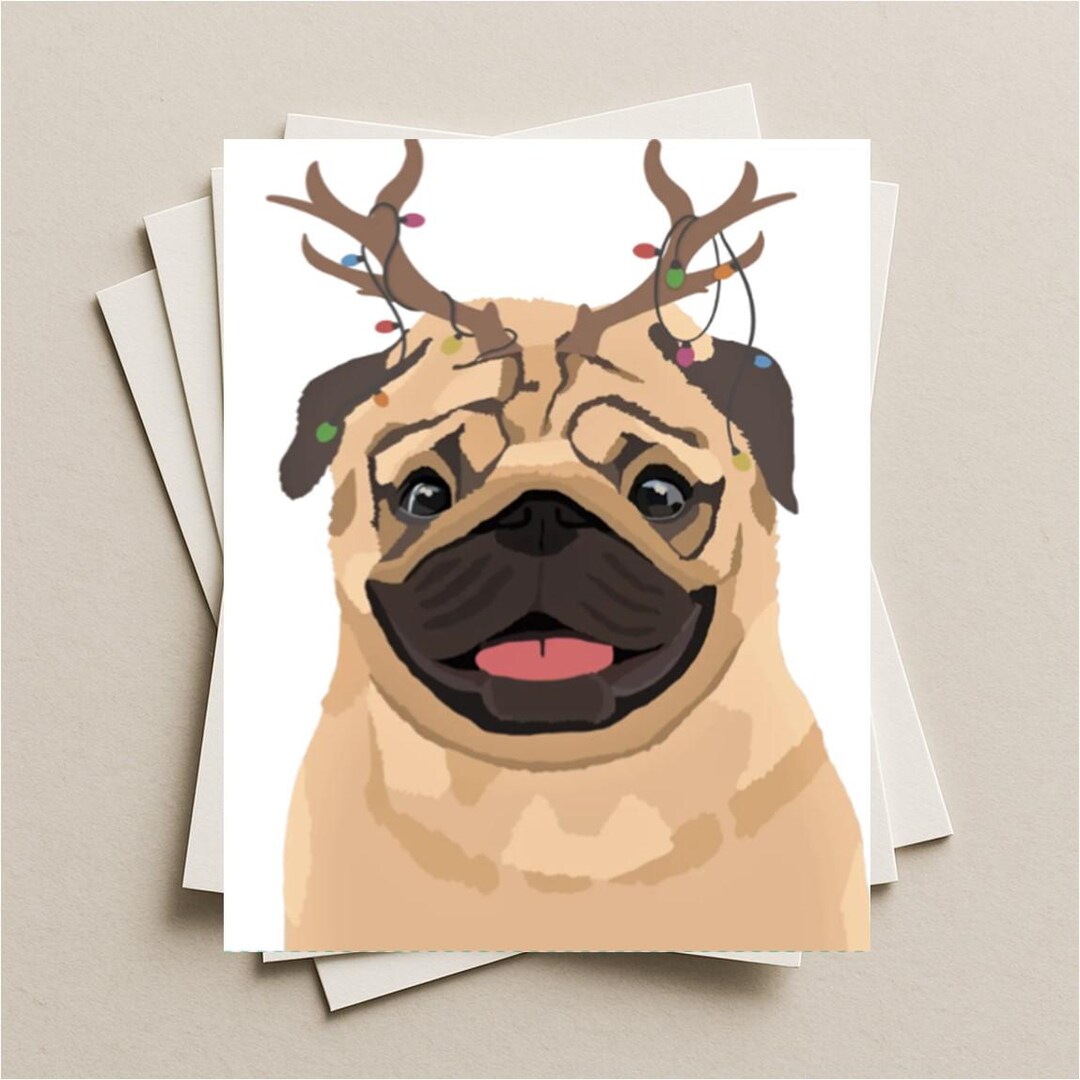 Pug Reindeer Card, Fawn and Black Pug Christmas Card, Dog Gift Card ...
