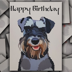 Schnauzer birthday card, gray Schnauzer dog gift card, puppy dog blank happy birthday greeting card