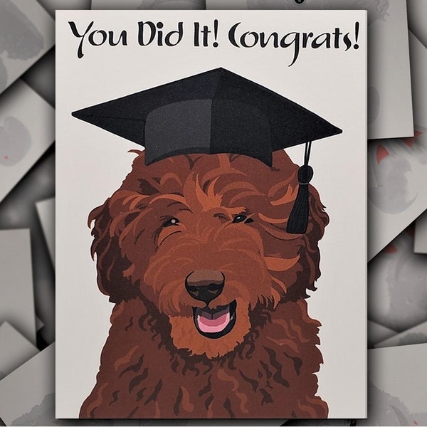 Goldendoodle Congrats on Graduation card, chocolate Goldendoodle dog gift card, Doodle puppy graduation cap and tassel blank greeting card