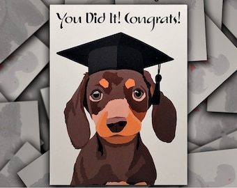 Dachshund Congrats on Graduation card, Doxie Dachshund hot dog gift card, Weiner puppy graduation cap and tassel blank greeting card