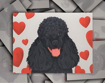 Black Poodle Love Valentine Anniversary card, Black Poodle dog gift card, puppy dog blank greeting card with red hearts