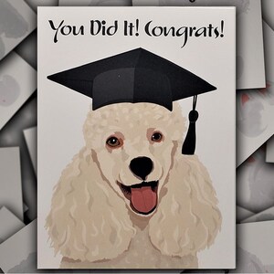 White Poodle Congrats on Graduation card, White Poodle dog gift card, White Poodle puppy graduation cap and tassel blank greeting card