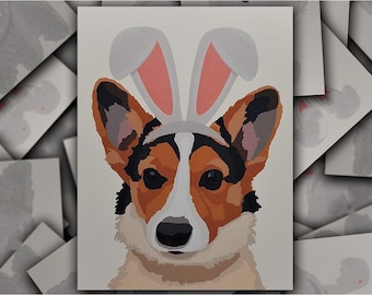 Pembroke Welsh Corgi Easter Bunny card, Single card, red and black Corgi dog gift card, Corgi puppy Spring rabbit ears blank greeting card