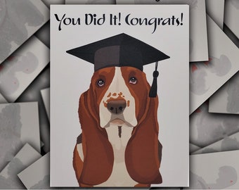 Basset Hound Congrats on Graduation card, Basset Hound dog gift card,  puppy graduation cap and tassel blank greeting card