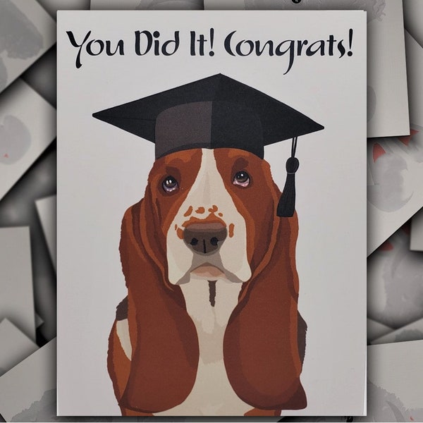 Basset Hound Congrats on Graduation card, Basset Hound dog gift card,  puppy graduation cap and tassel blank greeting card