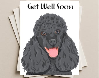 Tarjeta de pronta recuperación para caniche negro, tarjeta de regalo para caniche negro, tarjeta de felicitación en blanco para cachorros.