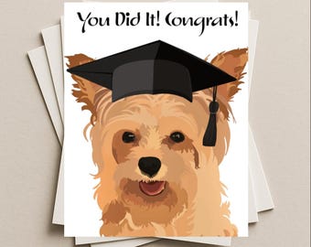 Yorkshire Terrier Congrats on Graduation card, Yorkie dog gift card, Yorkie puppy graduation cap and tassel blank greeting card