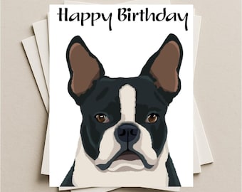 Tarjeta de cumpleaños de Boston Terrier, tarjeta de regalo para perro Boston Terrier negro, tarjeta de felicitación de feliz cumpleaños en blanco para cachorro