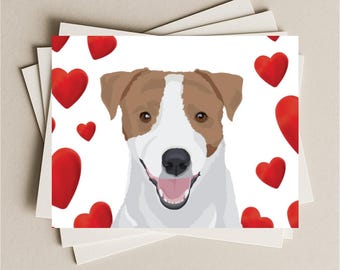 Jack Russell Terrier Love Valentine Anniversary card, Jack Russell Terrier dog gift card, puppy dog blank greeting card with red hearts