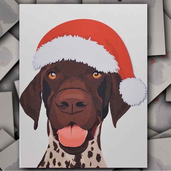 GSP German Shorthaired Pointer Santa card, German Shorthaired Pointer Christmas card, dog gift card, puppy dog blank holiday greeting card