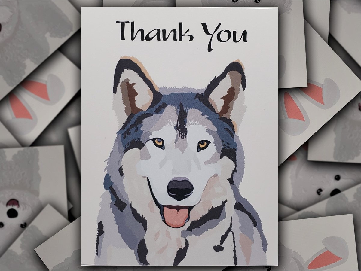 Wolfdog thank you card, gray Wolf Dog gift card, pet grey wolf puppy dog blank thank you greeting card