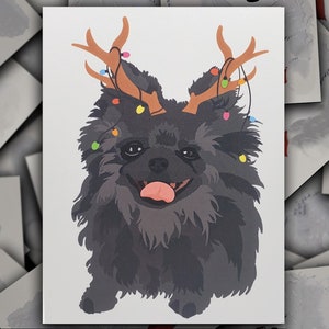 Pomeranian Dog Reindeer card,  black and gray Pomeranian Christmas card, Pom dog gift card, Pommie puppy holiday greeting card