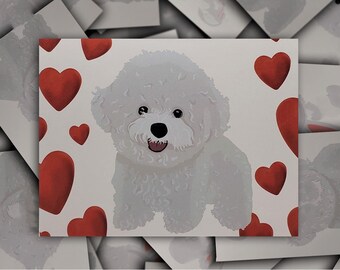 Bichon Frise Love Valentine Anniversary card, white Bichon Frise dog gift card, puppy dog blank greeting card with red hearts