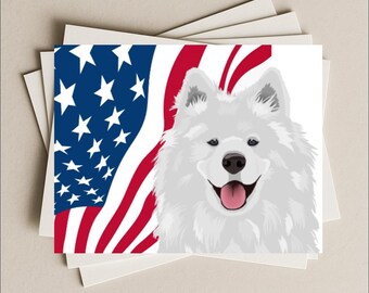 Tarjeta de felicitación en blanco con diseño de perro samoyedo con bandera de EE. UU. para cumpleaños, agradecimiento, invitación a fiesta, tarjeta de regalo o tarjeta de notas para cualquier ocasión.