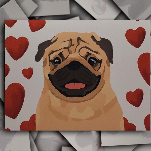 Pug Love Valentine Anniversary card, tan and black Pug dog gift card, puppy dog blank greeting card with red hearts