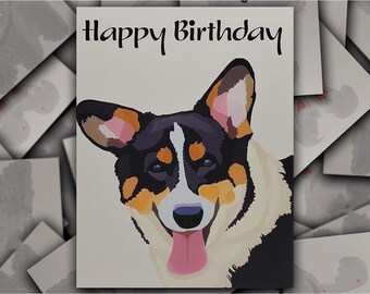 Pembroke Welsh Corgi birthday card, Black Headed Tricolor Corgi dog gift card, puppy dog blank happy birthday greeting card