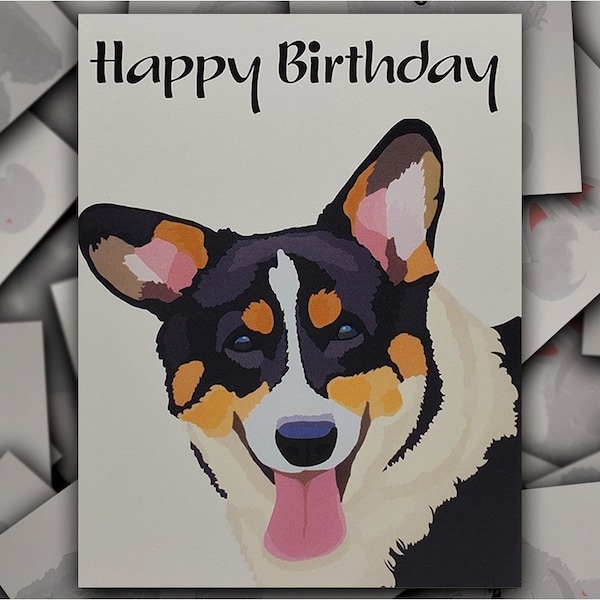 Pembroke Welsh Corgi birthday card, Black Headed Tricolor Corgi dog gift card, puppy dog blank happy birthday greeting card