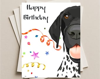 Tarjeta de cumpleaños negra de GSP con diseño de perro en el interior y mensaje, tarjeta de regalo de cumpleaños para perros, tarjeta de felicitación de cumpleaños para cachorros de Braco Alemán de Pelo Corto.