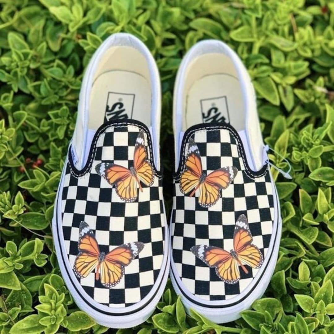関税込☆VANS BUTTERFLY CHECKERBOARD SLIP-ON カスタム Butterfly Vans Slip On - Etsy