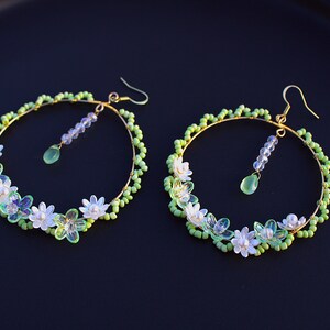 Green Flower Hoop Earrings