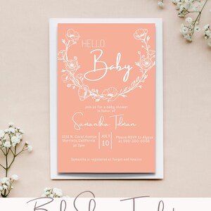 Coral Floral, Baby Shower Invitation Template, 5x7