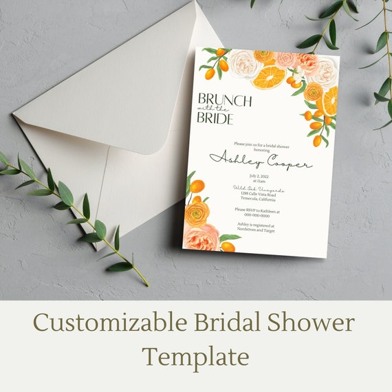 Bridal Brunch, Bridal Shower Invitation, oranges and floral, 5x7