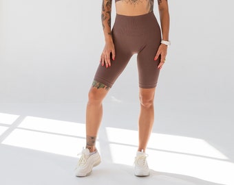 Brown Seamless Microfiber High-Waist Track Shorts: Sport & Casual Elegance