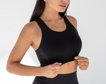 Black top|Clothing|Sport top|Tank top|Wide straps top|Top for fitness|Black|Seamless|Top with wide straps|Seamless clothes|Yoga outfit