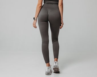Dark Grey Seamless Ribbed Leggings – High-Waisted Push Up Leggings for Gym, Yoga & Everyday Wear