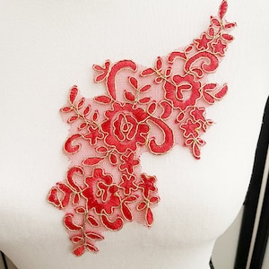 1PC Red & Gold Lace Applique for Bridal, Party, Dance, Accessories, Millinery, Decor
