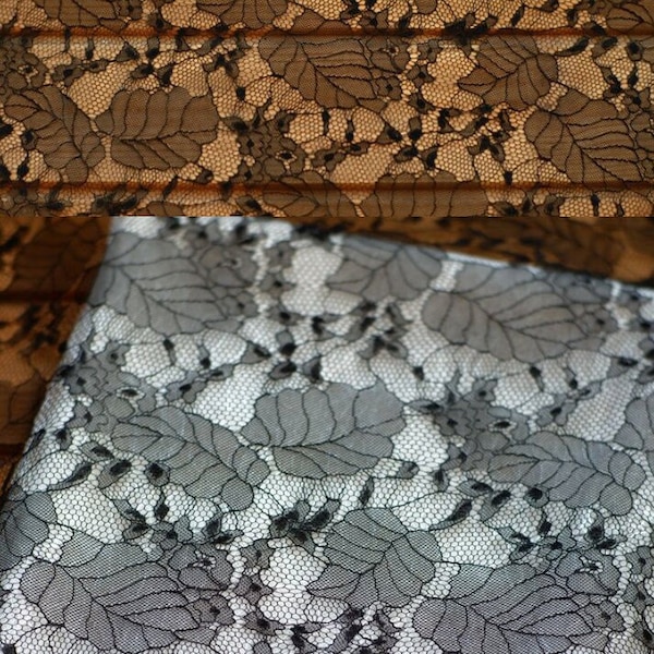 BLACK Leaf Lace Fabric by the yard for Bridal, Wedding, Veil, Costume, Dress, Top, Accessories, Decoration