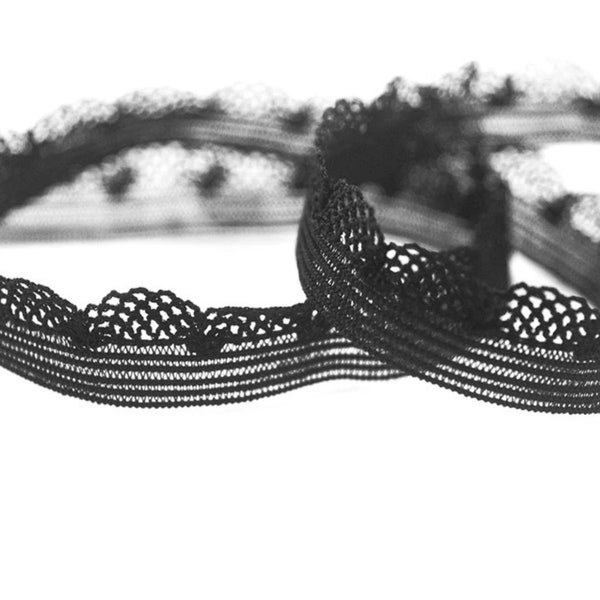 10MM BLACK Half Flower Picot Elastic Decorative Trim for use in Straps, Waistbands, Sleeves, Cuffs, Underwear