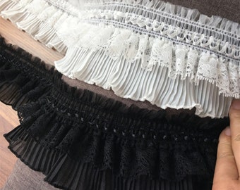 Ruffle Trim by the Yard BLACK WHITE available for Bridal, Dress, Costume, Party, Top, Dance
