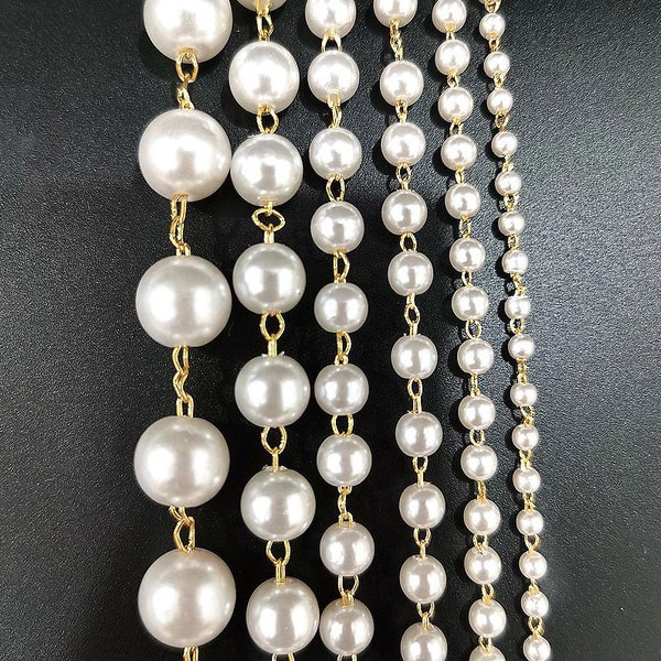 Pearl Chain Trim By the Yard White Pearl and Gold Chain for Jewelry, Accessories, Decor, Costume, Dance, Party, Bridal