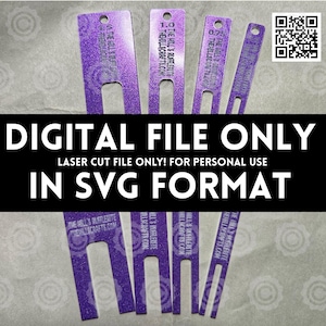 Puede incluir: Cuatro plantillas de corte láser planas, de color morado brillante, con anchos de ranura variables y orificios circulares en la parte superior. Cada pieza presenta el texto THE HILL'S RUFFLERITE y THEHILLSCRAFTS.COM. Un código QR está arriba a la derecha.