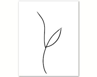 Minimalist Flower Line Art Print, Black and White Botanical Stem (Digital Download)