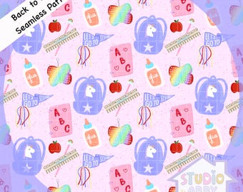 Kawaii School Seamless Pattern, Unicorn Backpack (Digital Download)